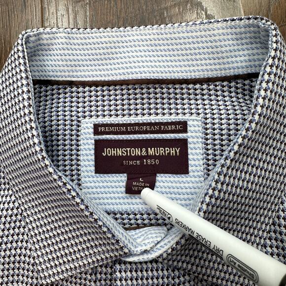 Johnston & Murphy Dress Shirt Sz L Blue Brown White Textured Button Up Flip Cuff - Picture 2 of 13